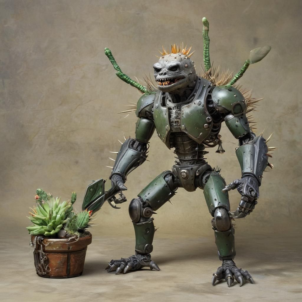 Cyborg Gorilla and Cactus Hybrid in Biopunk Style