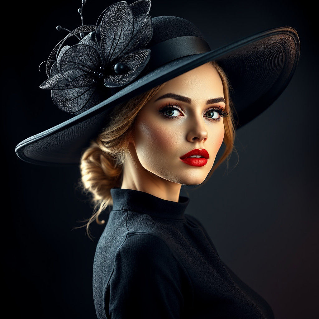 Woman in Avant-Garde Hat, Hyperrealistic Portrait