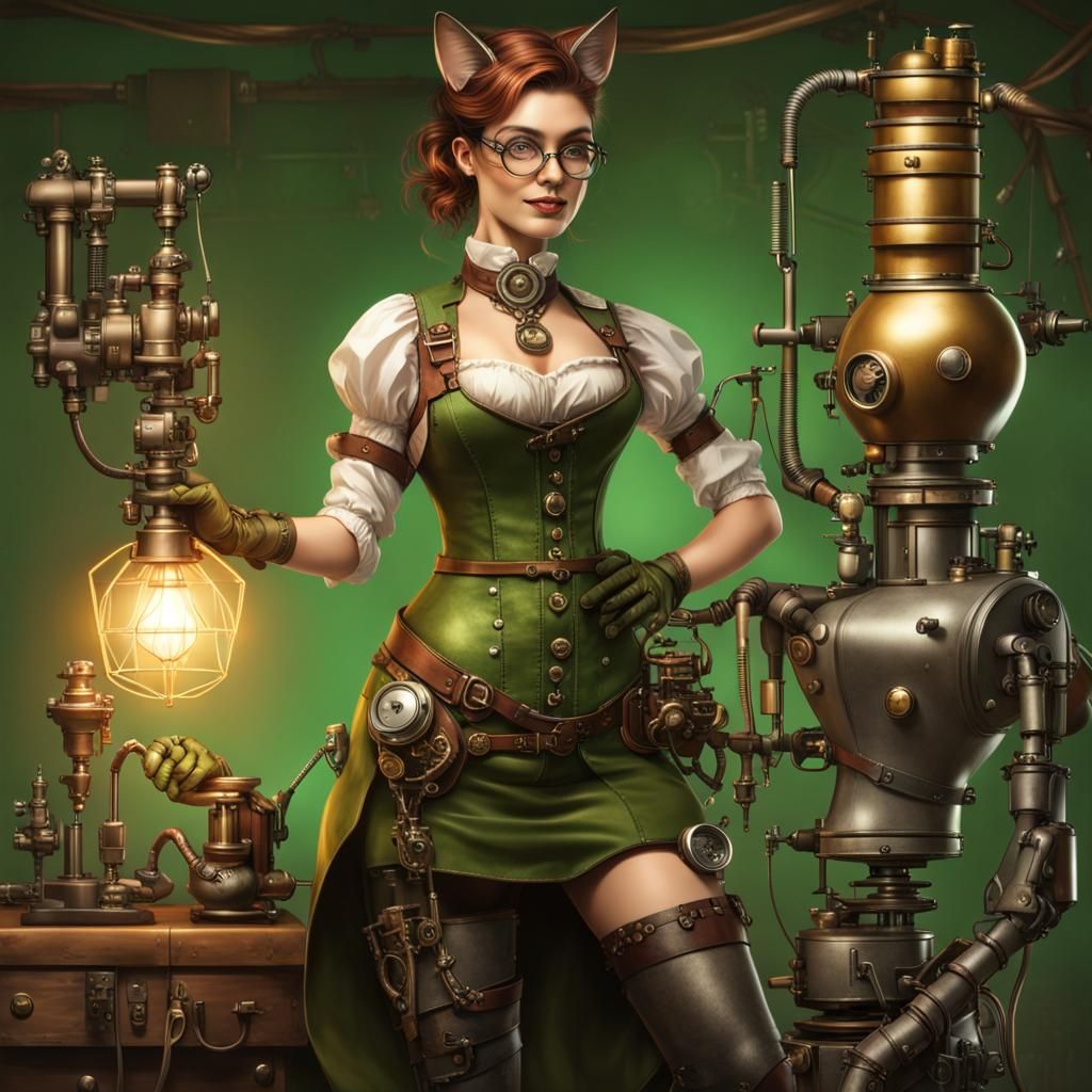 Steampunk Artificer in Workshop with Robot Cat