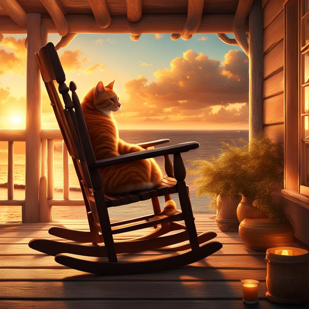 Ginger Cat on Beach Cottage Porch at Sunset