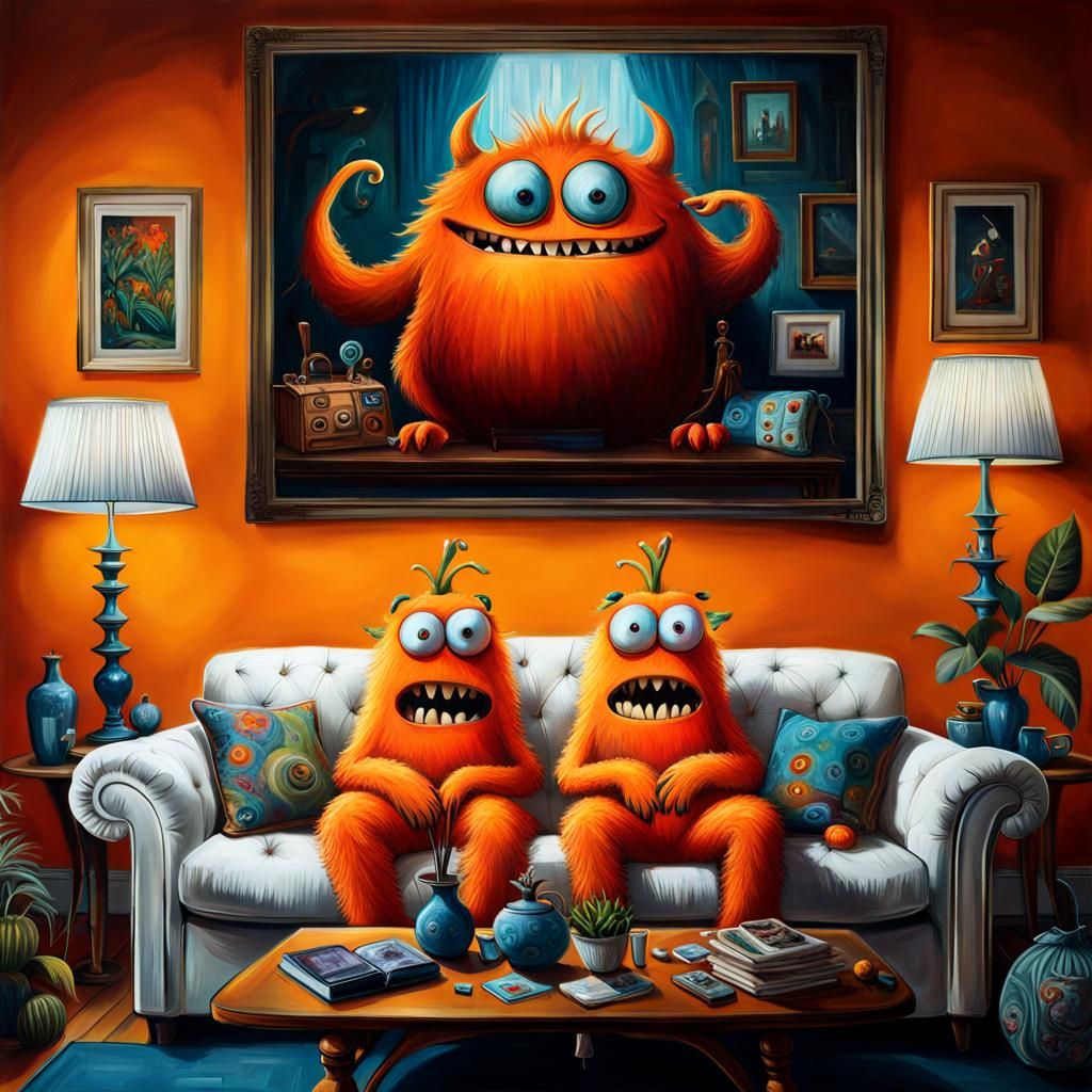 Orange Monster Watching TV in Living Room