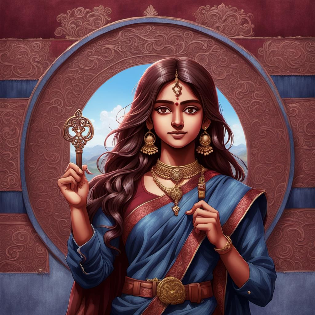 Indian Woman in Saree with Key, Anime Style