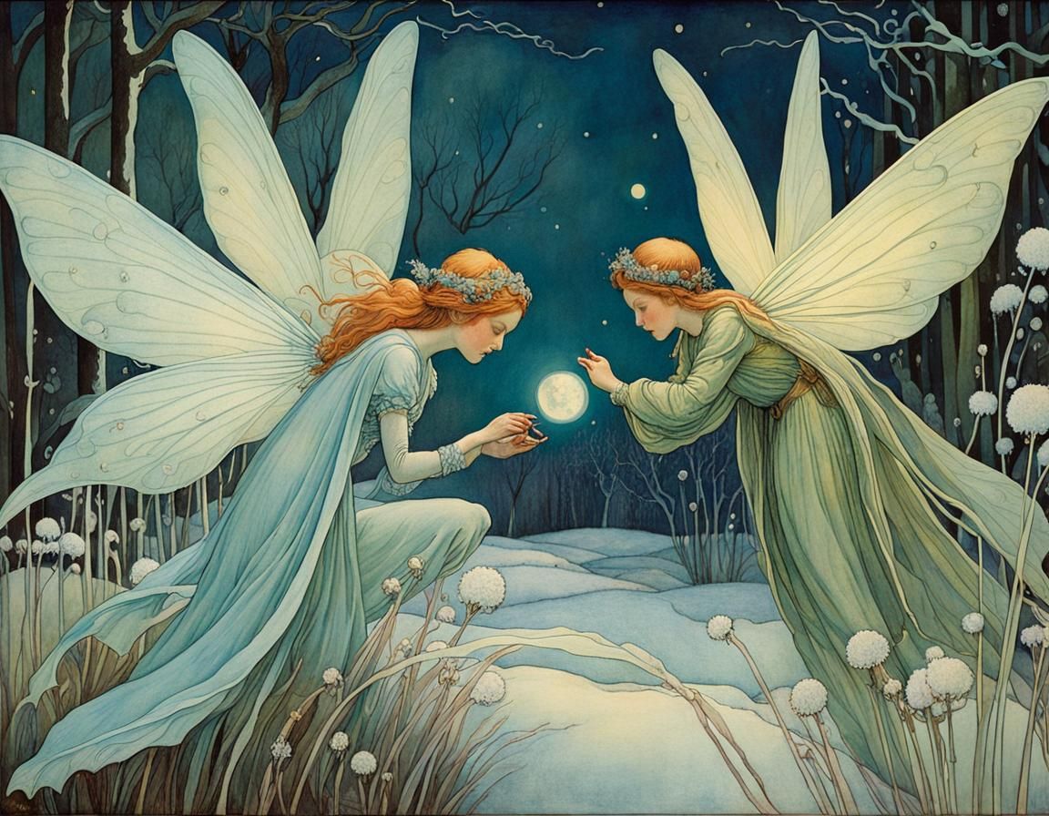 Otherworldly Fairy Creatures in a Frosty Garden