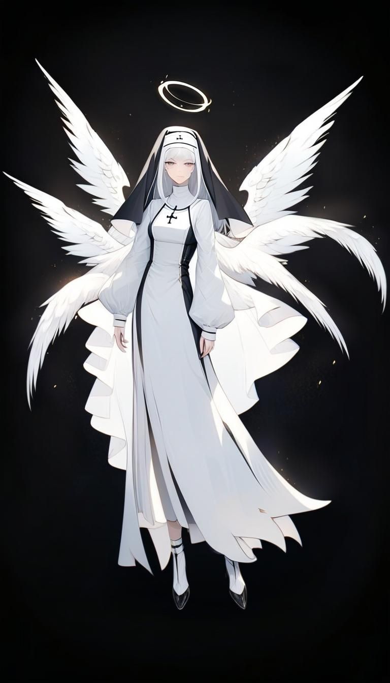 Stylized Nun Character with Wings and Halo