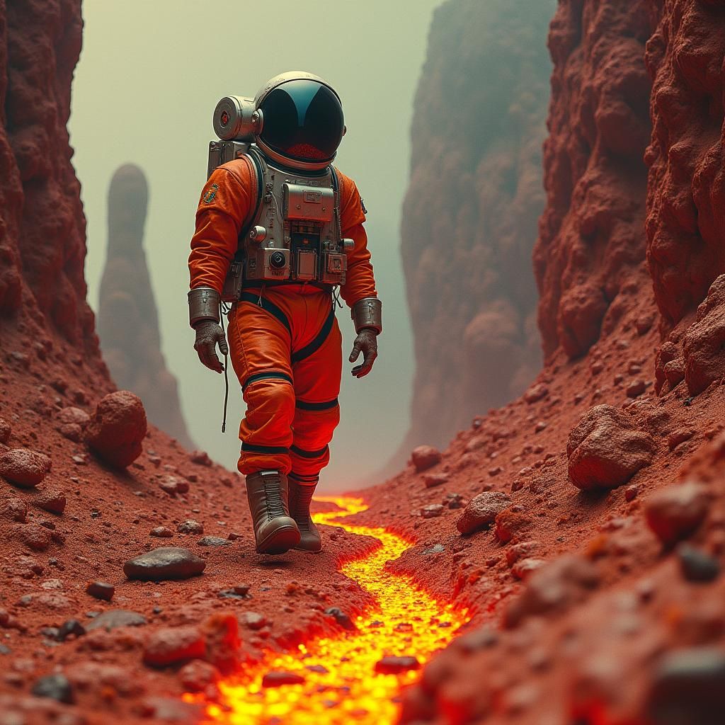 Astronaut on Volcanic Planet in Industrial Futurism Style