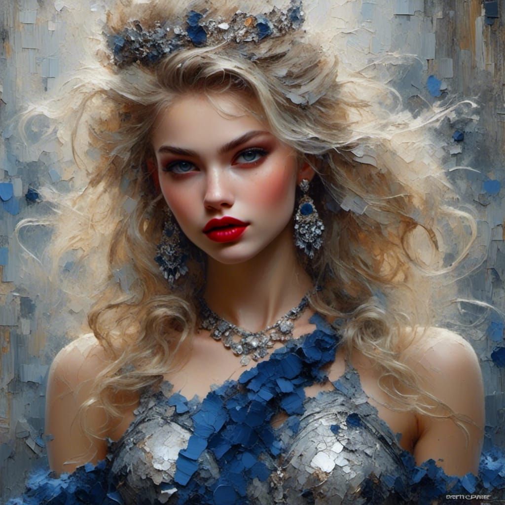 Queen female, blonde hair, red lip stick, dark, blue silver dress, pretty face, pretty features, breathtaking bea...