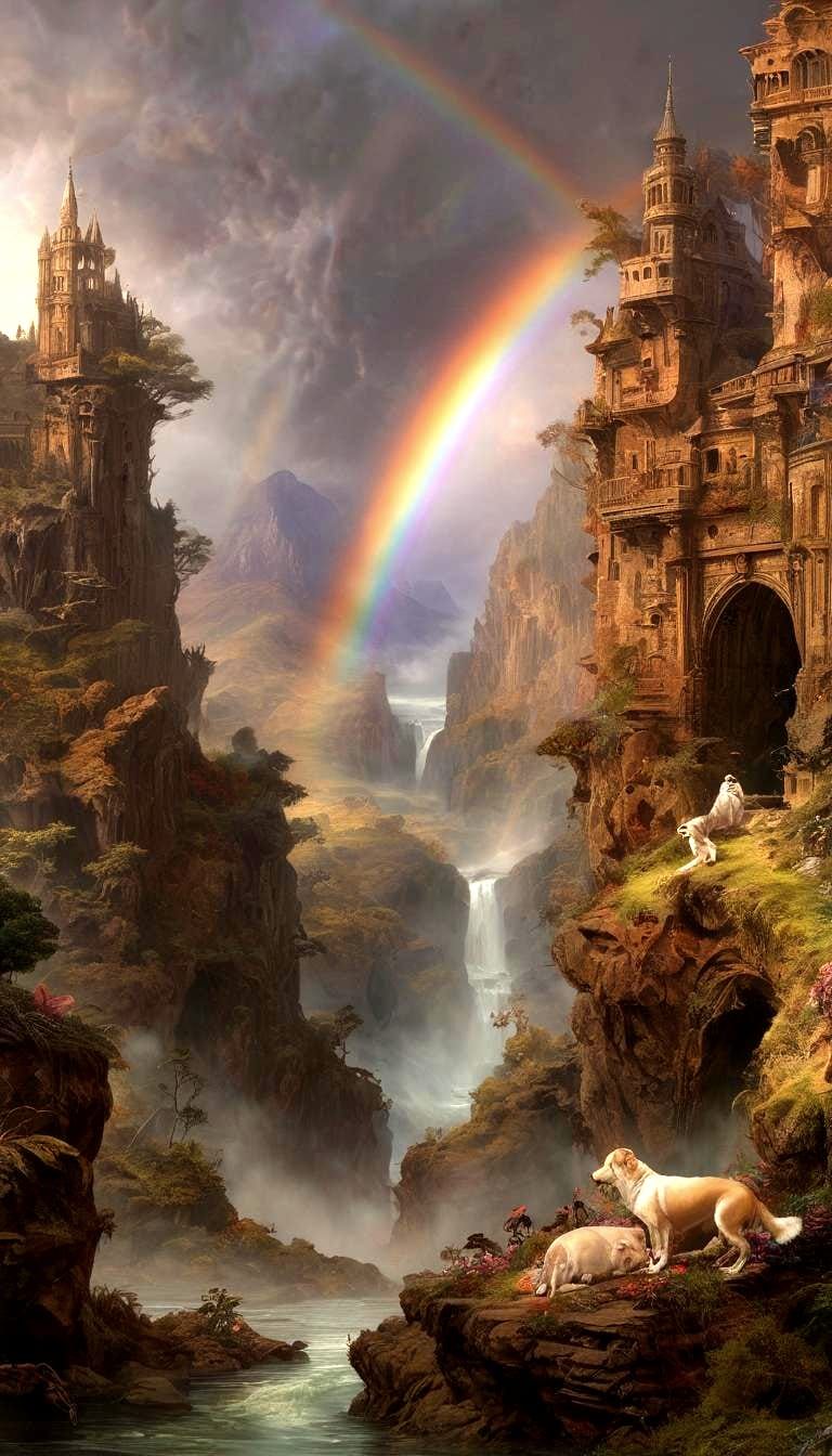 Fractal Chaos: Surreal Dog in Rainbow Landscape