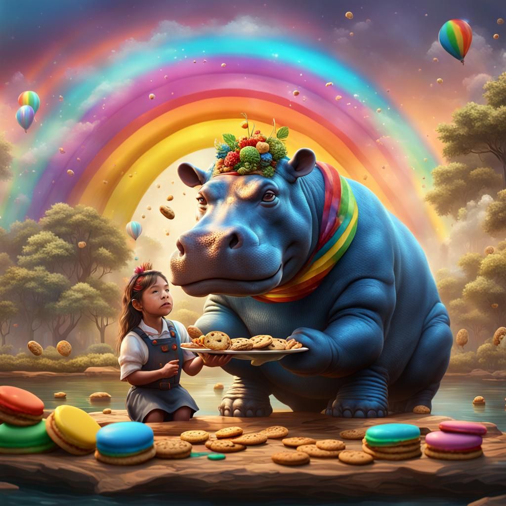 Hippo and Lady on Rainbow: Digital Art