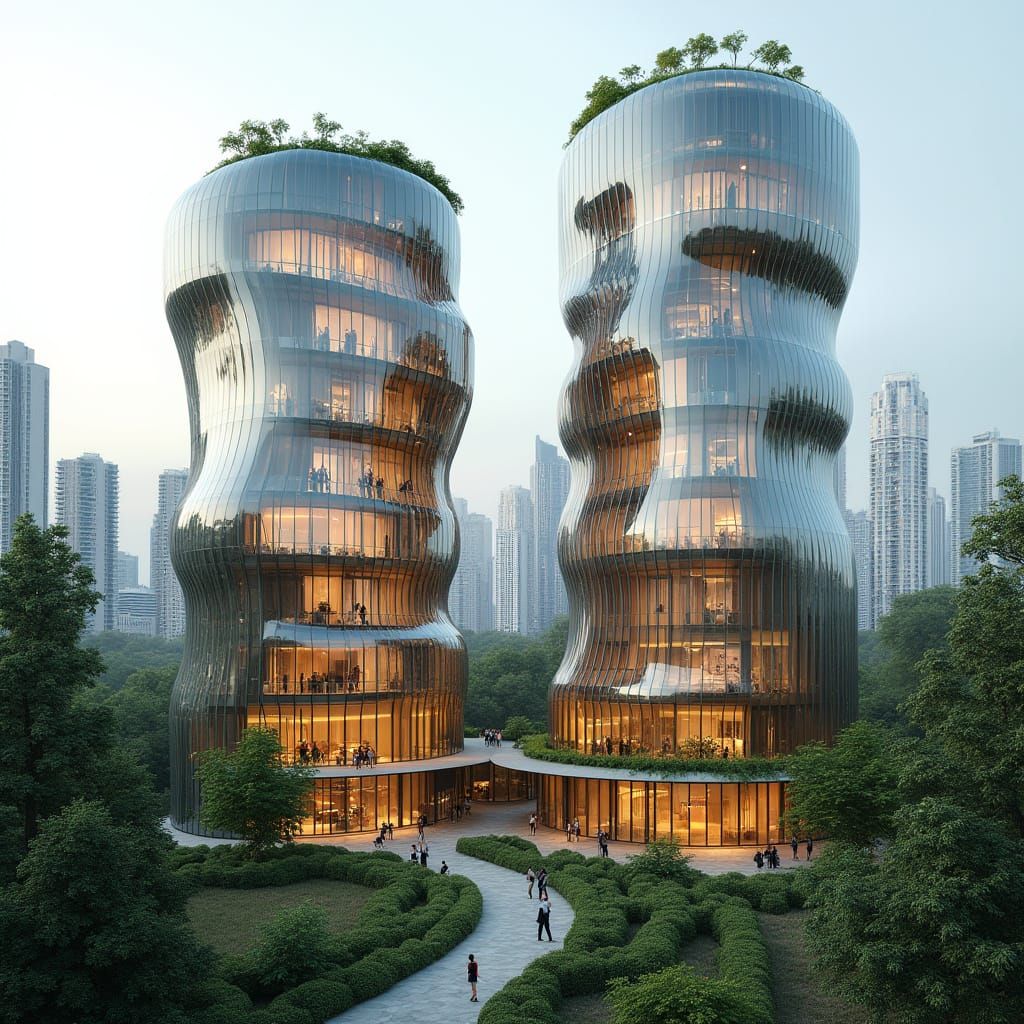 Futuristic Office Towers with Lush Garden, in Zaha Hadid Sty...
