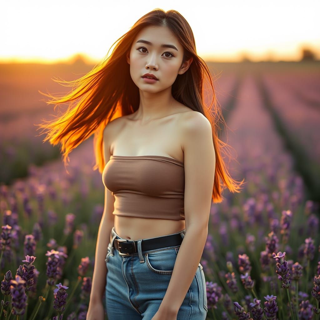 Serene Japanese Woman in Lavender Field at Sunset