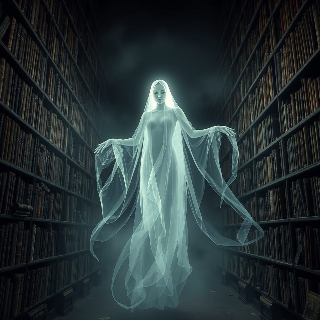 Ethereal Ghost in Haunted Library: Fantasy Art