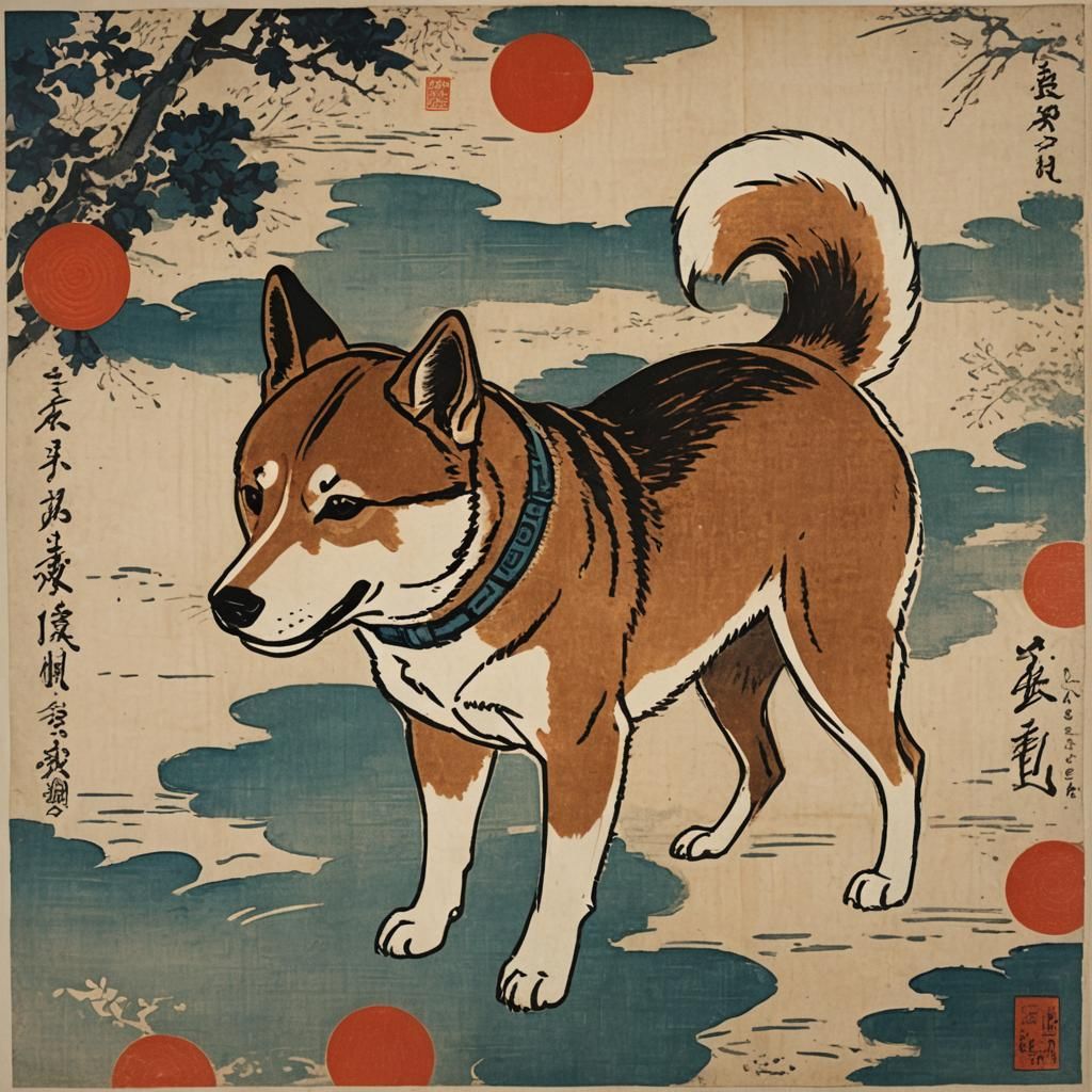 Shiba Inu Woodblock Print in Tokugawa Era Style