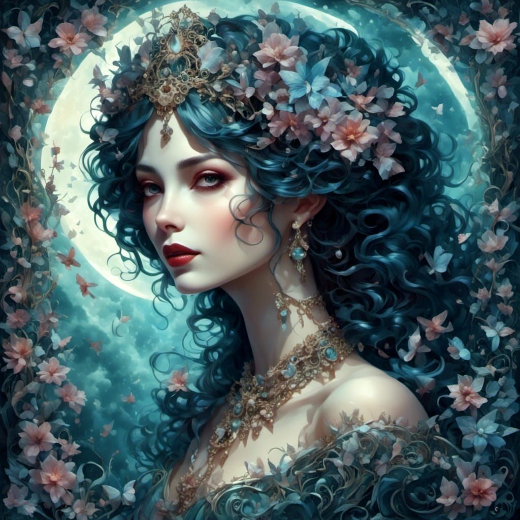 Victorian Woman Portrait with Moonlit Sky