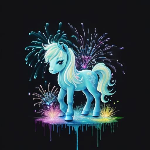 Bioluminescent Pony and Waterfall in Graffiti Art Style