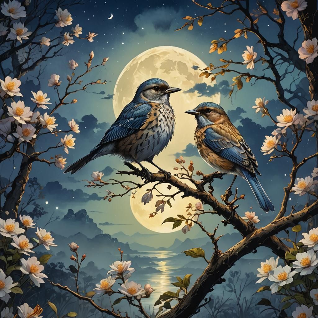 Melancholy Bird Under Moon in Watercolor