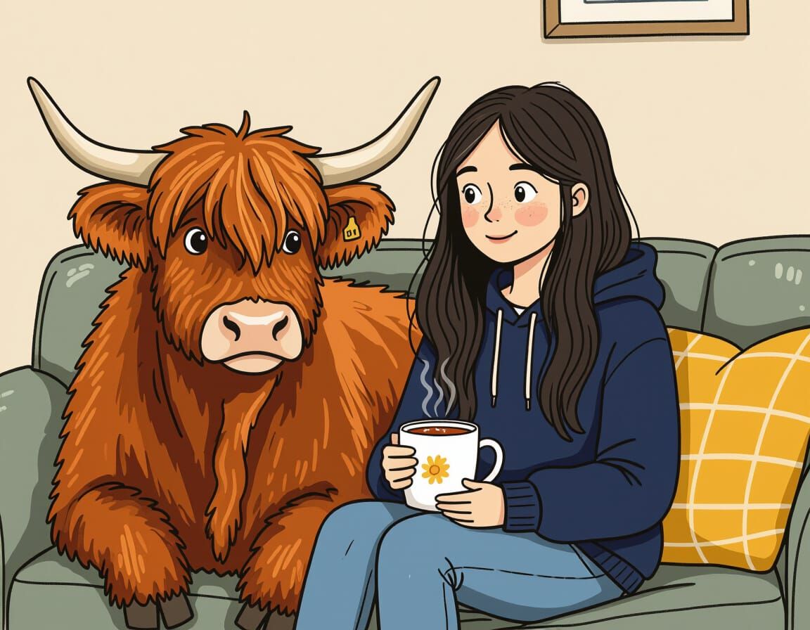 Girl Shares Tea with Highland Cow, Illustrated Style