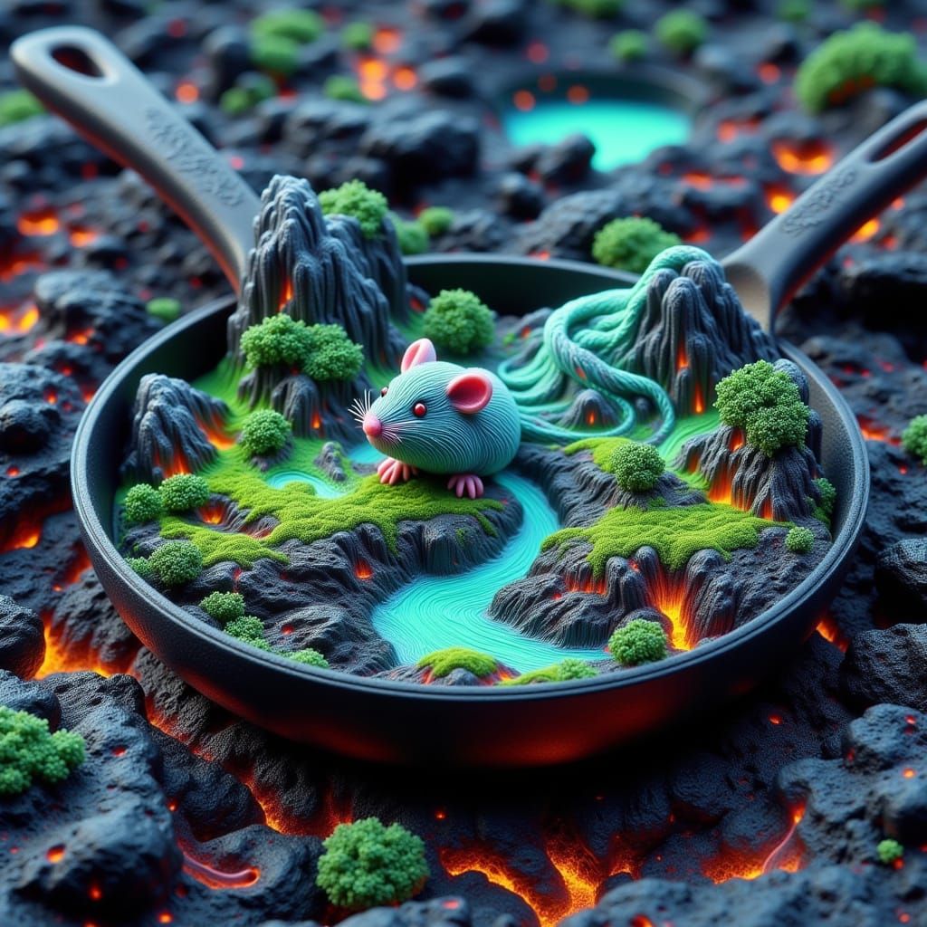 Stone Chibi Mouse Landscape in Floating Frying Pan