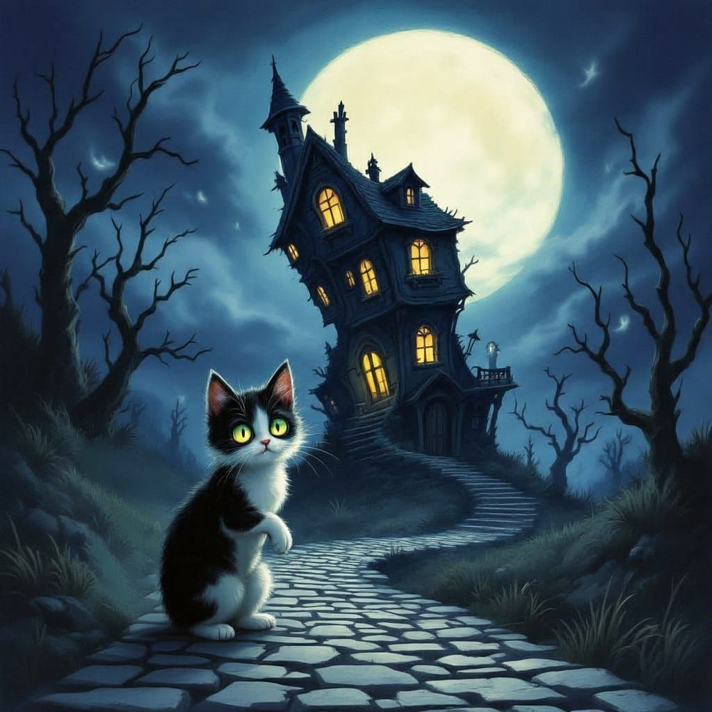 Eerie Japanese Bobtail Cat Before Haunted House Under Moon