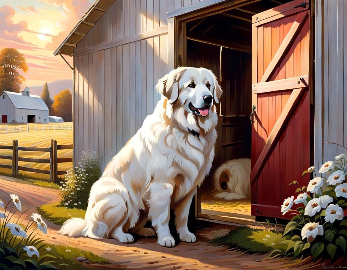 Pastoral Farm Scene with Great Pyrenees Dog
