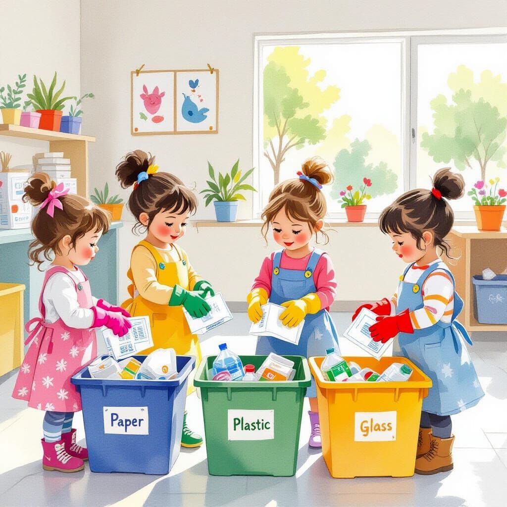 Children Recycling in a Community Center, Watercolor Collage...