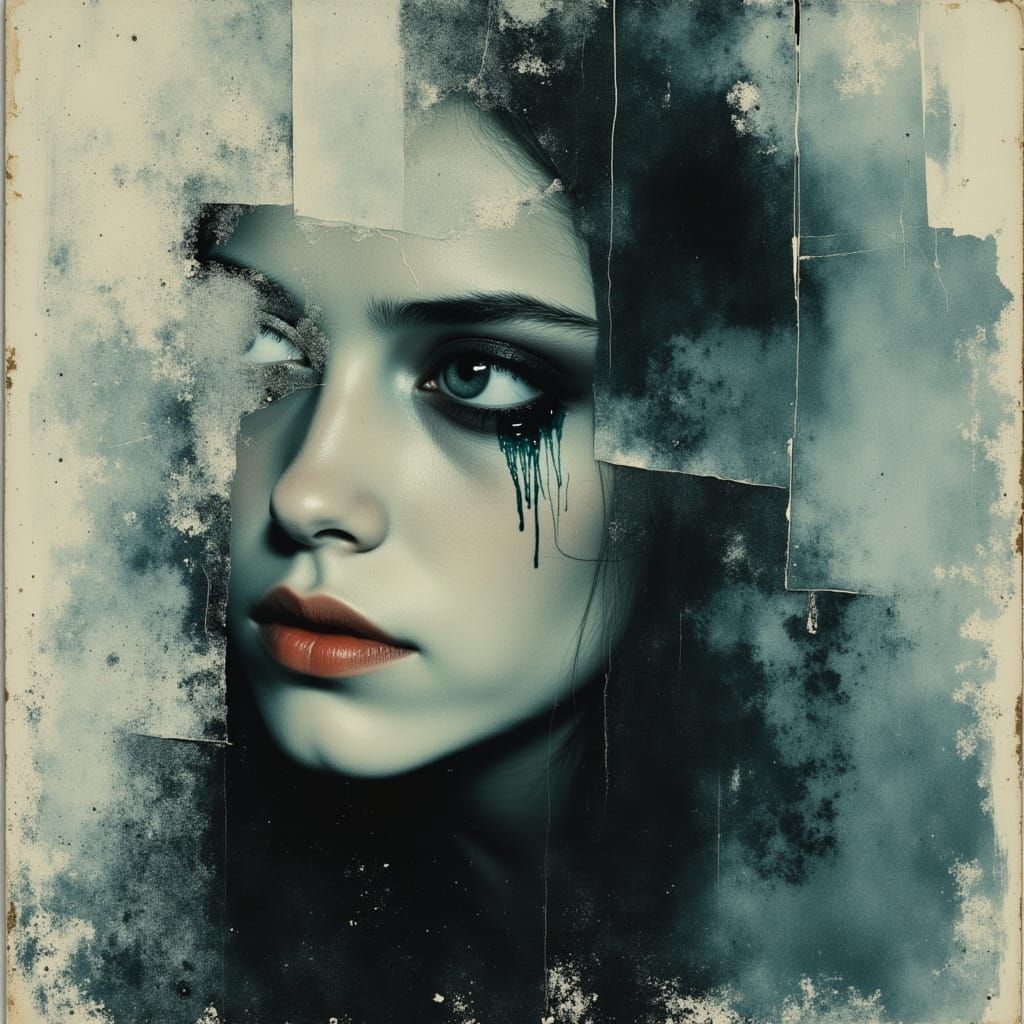 Double Exposure Art: Tear Reflecting Desolate Life