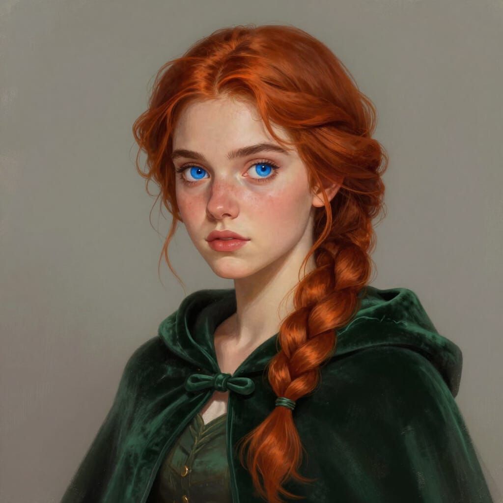 Digital Portrait of Woman with Auburn Hair in Velvet Cloak