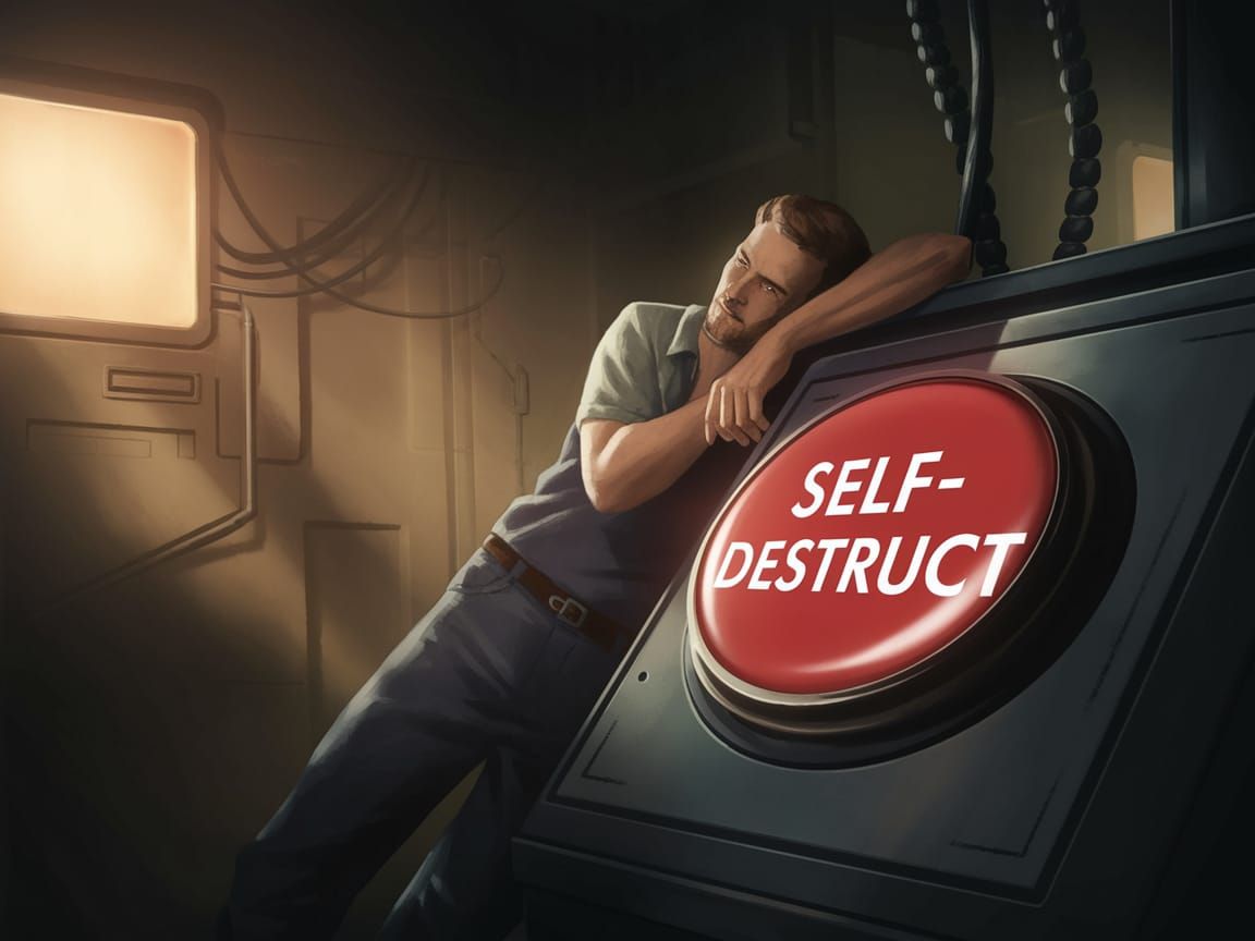 Janitor Stands Over Fearsome Red Button in Darkened Control ...