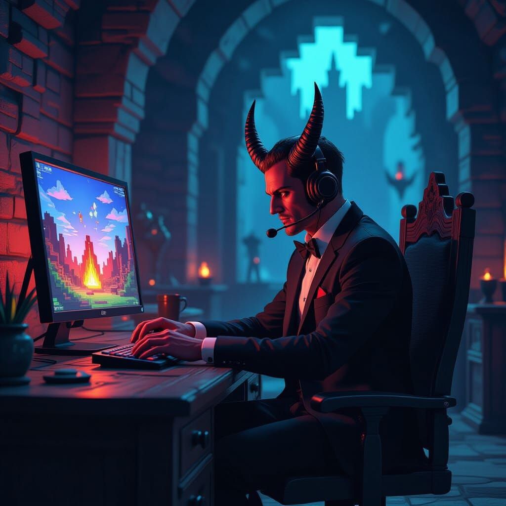 Devil Gamer in Underworld Lair as Digital Art