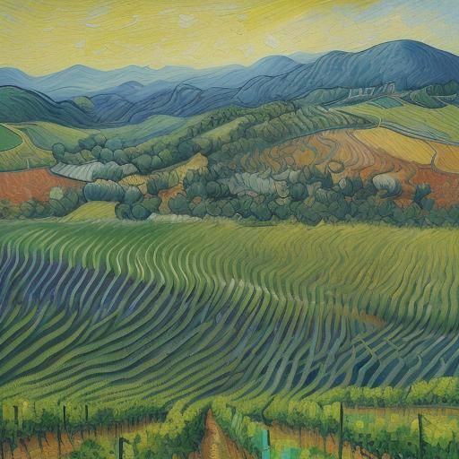 Vineyard Hills in Van Gogh Neo-Impressionist Style