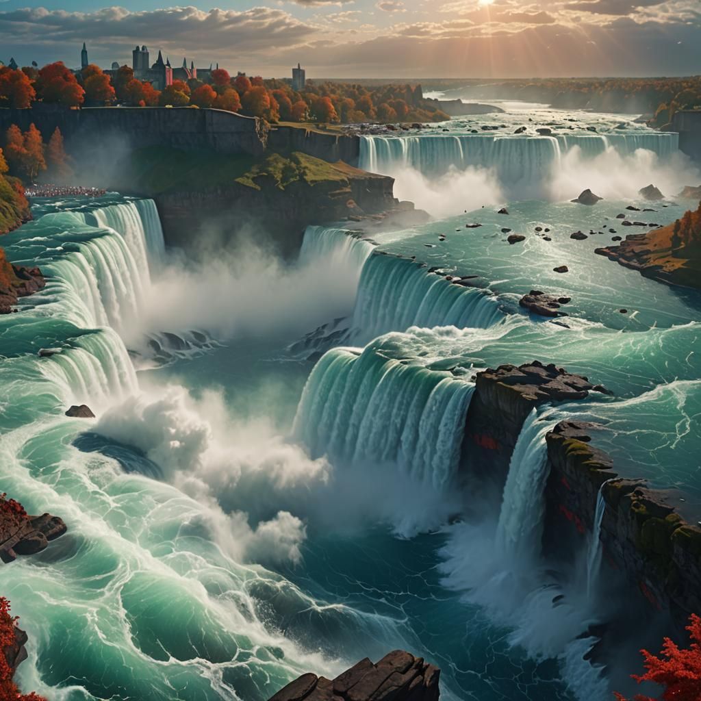 Niagara Falls with Red Sharks in Fantasy Art