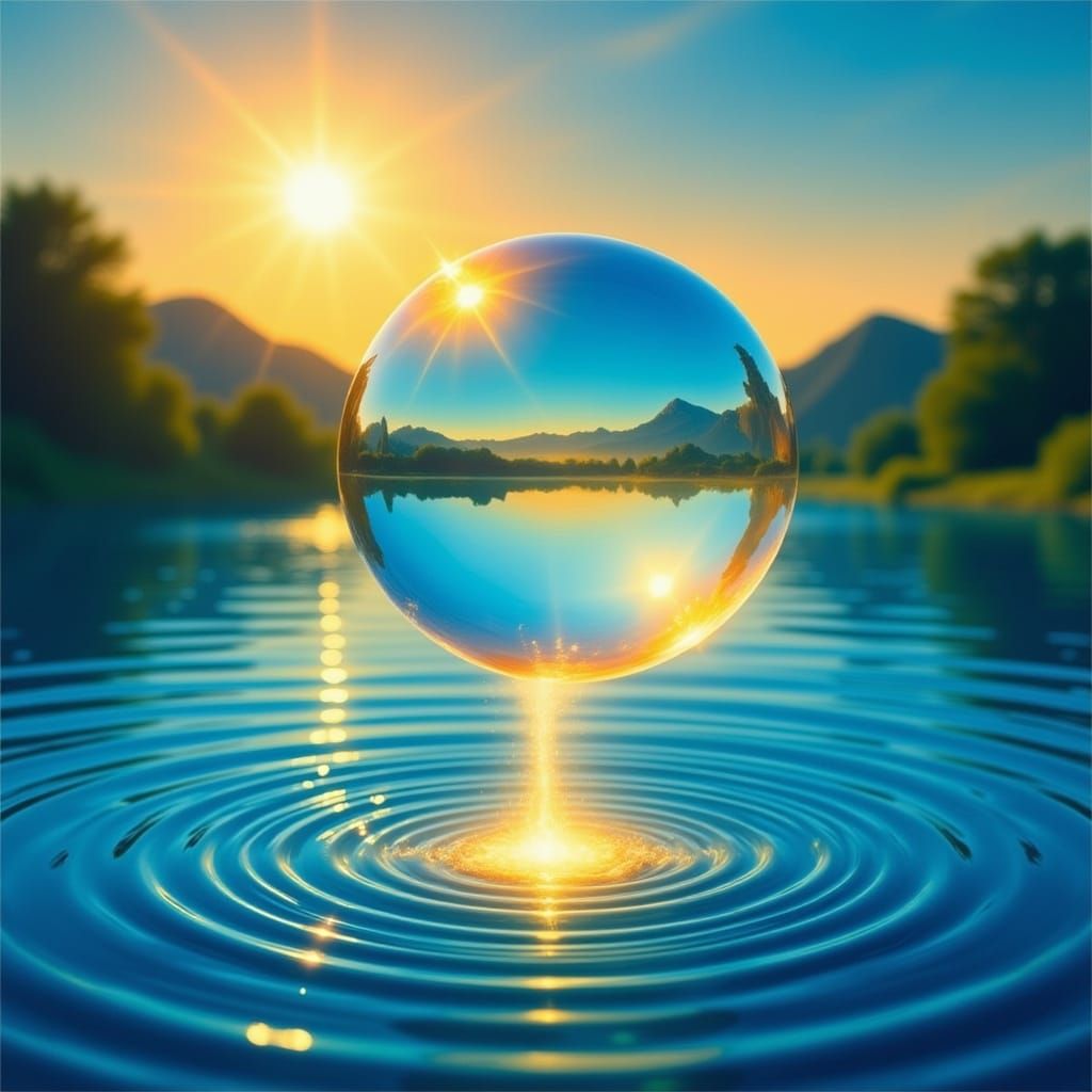 Transparent Orb Over Blue Lake: Vibrant Oil Painting