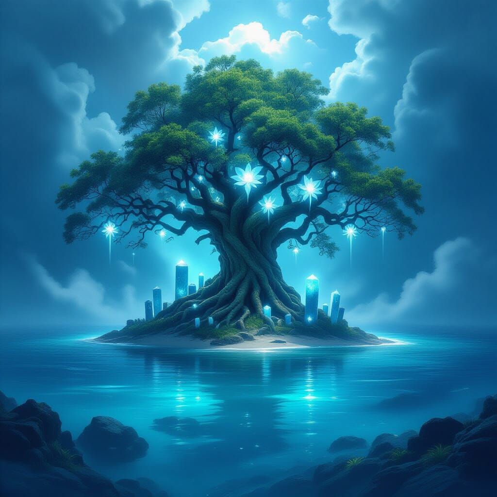 Ancient Bioluminescent Tree on Mystical Island