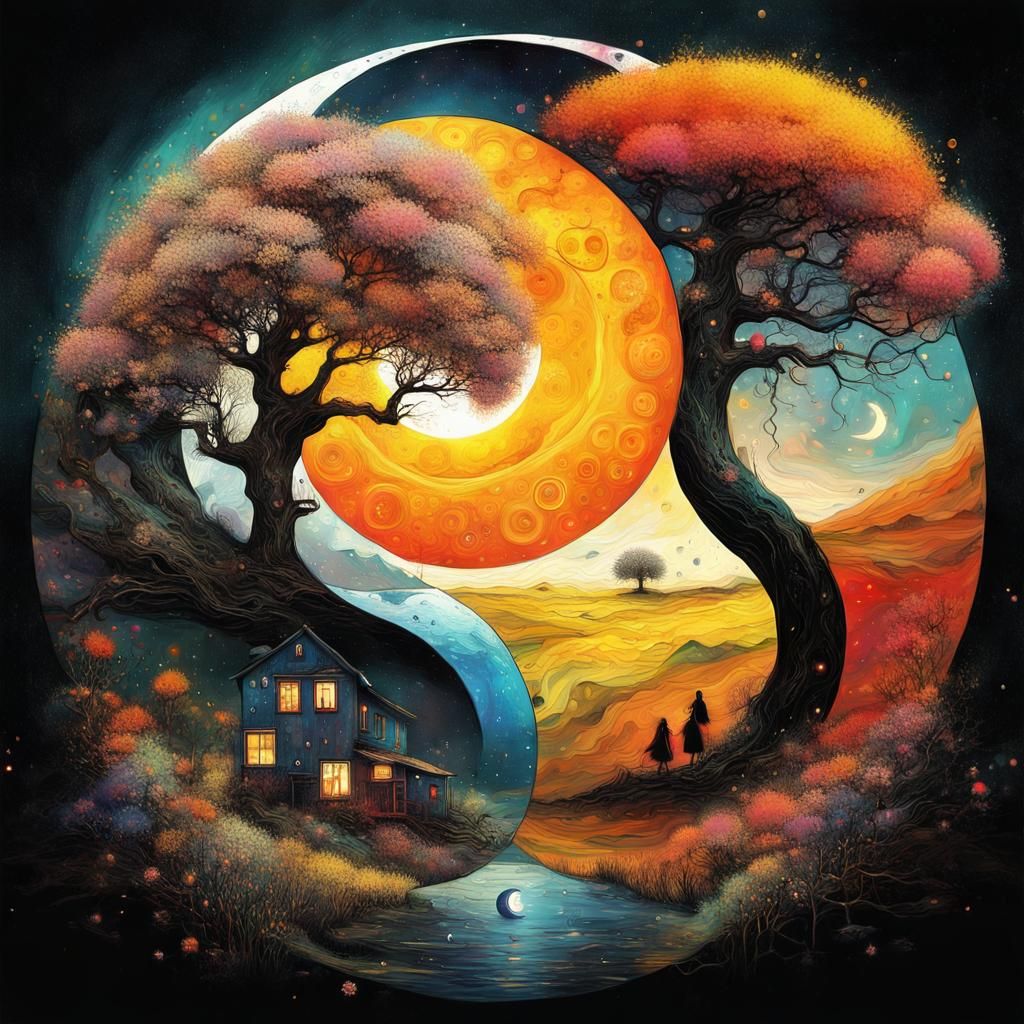 Surreal Yin Yang Sunset Beach in Fantasycore Style