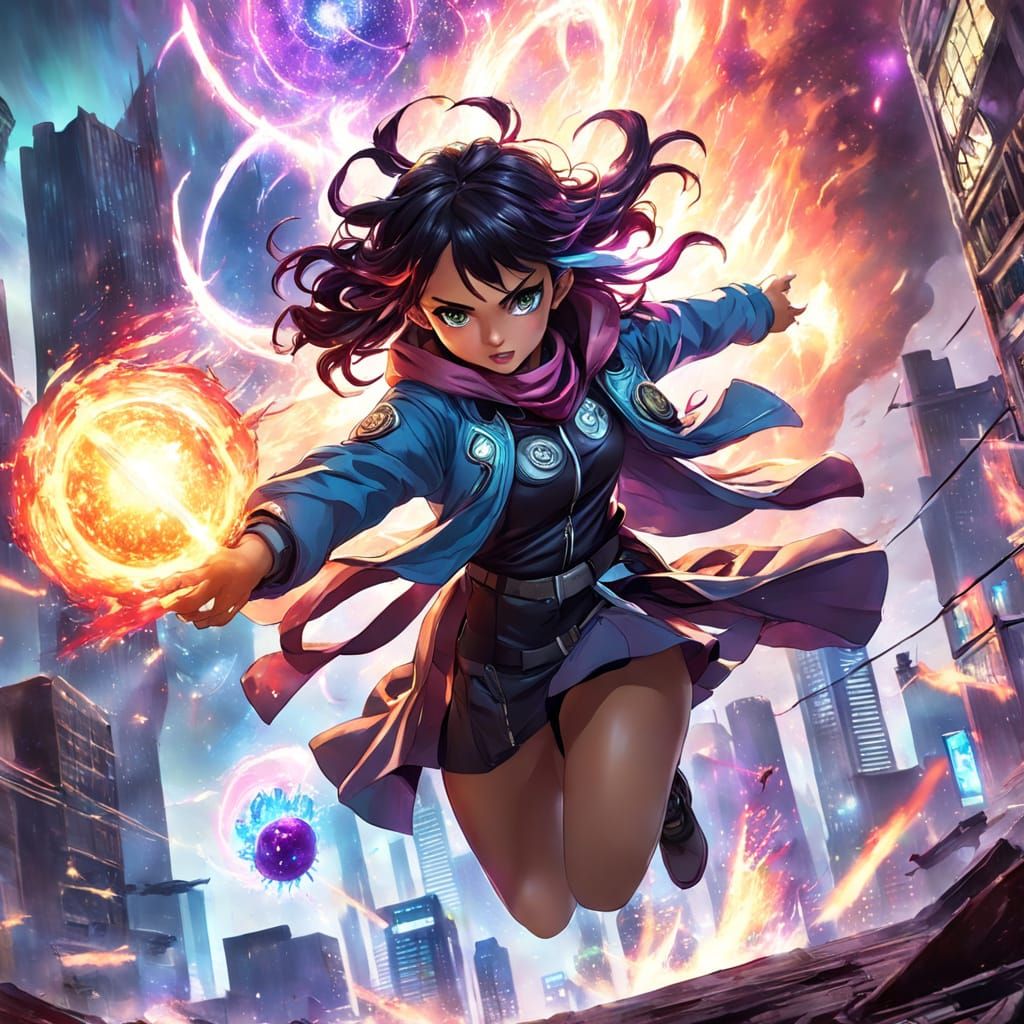 Anime Mage Girl Fights Eldritch Horror Over Cyberpunk City