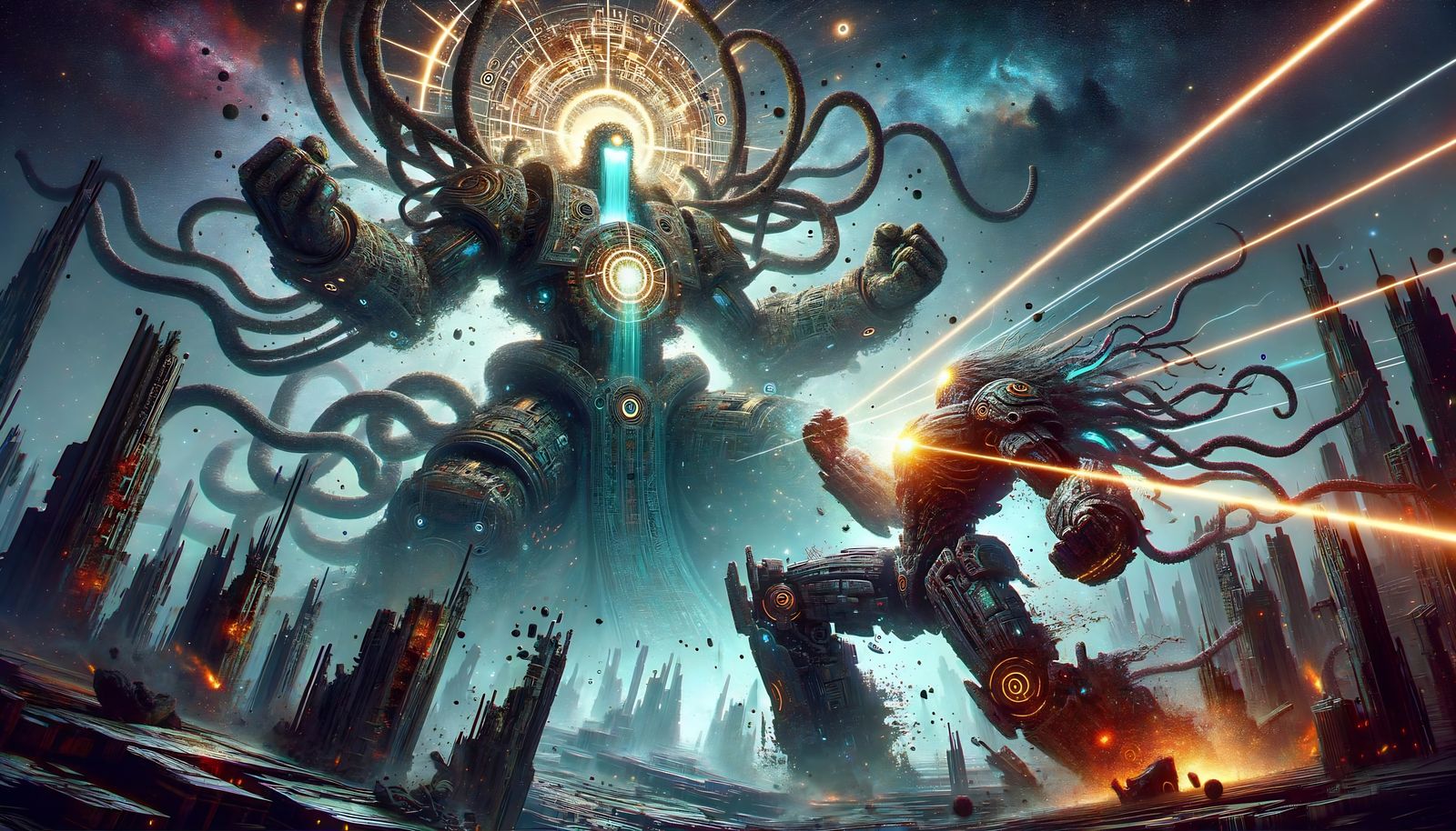 Colossal Mech Warrior Battles Eldritch God: Digital Art