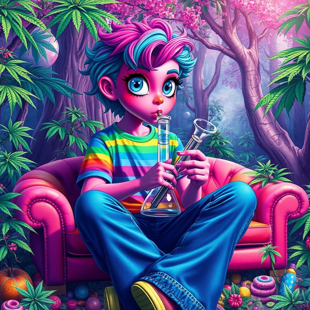 Psychedelic Figure in Candy Marijuana Forest