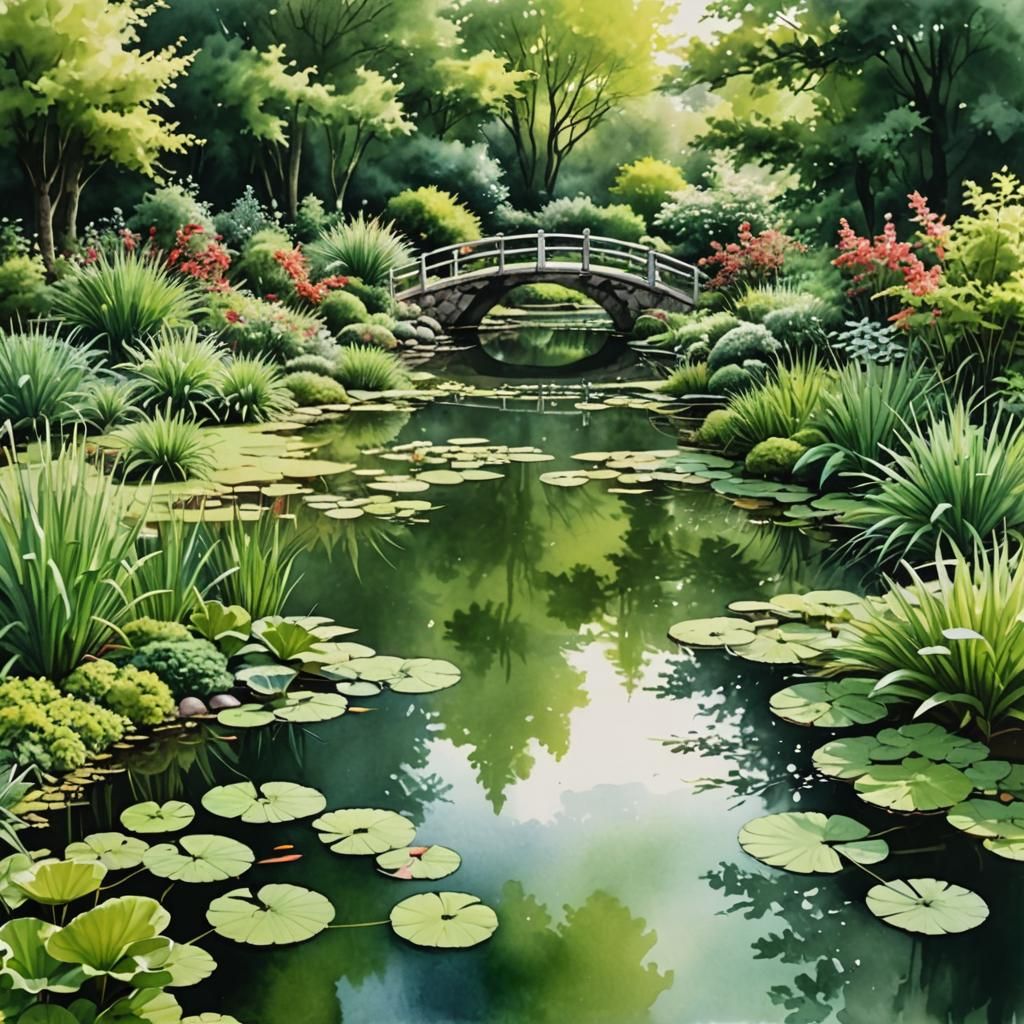 Ink Wash Painting of a Garden Pond