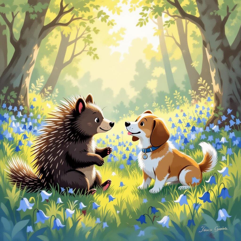 Porcupine and Hound Play in Sunlit Bluebell Glade