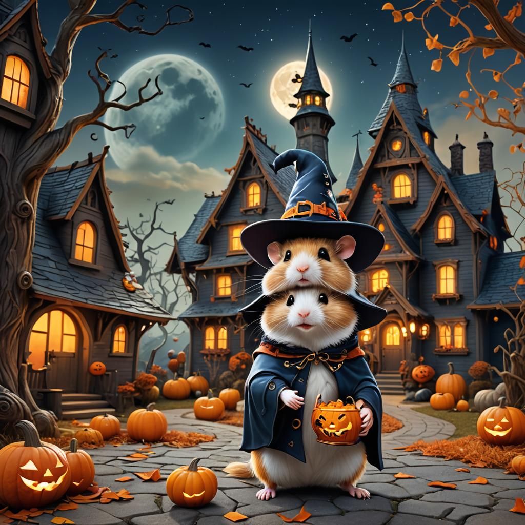 Hamster Witch Trick-or-Treats in Fantasy Landscape