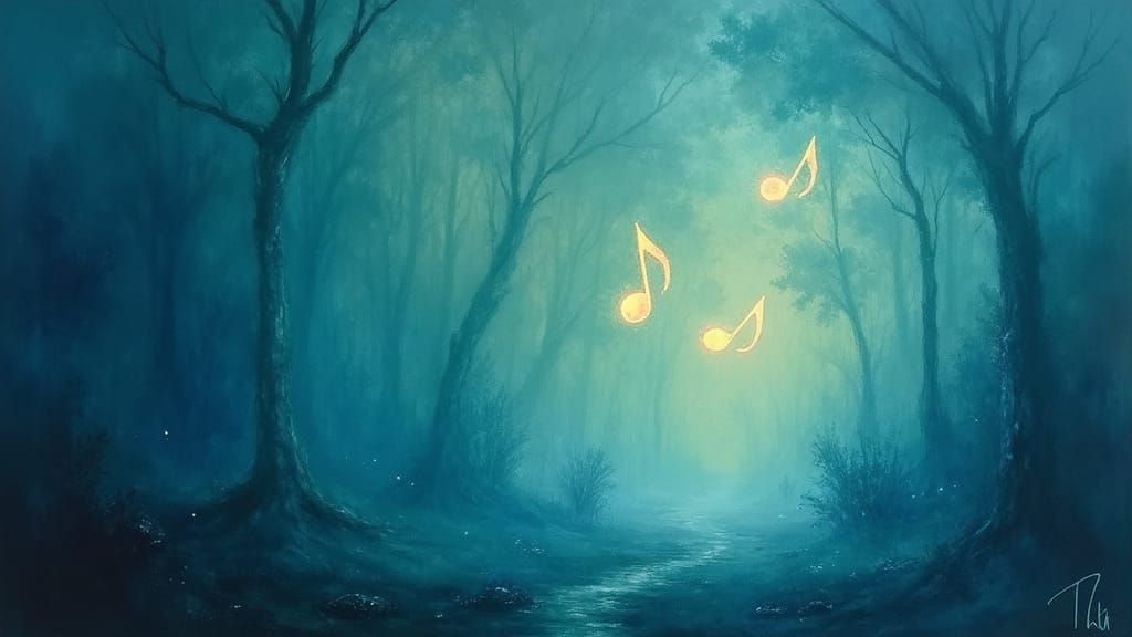 Ethereal World with Floating Notes in Gouache Style