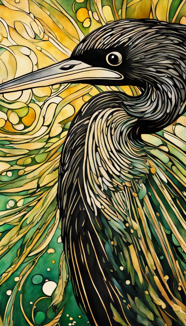 Art Nouveau Anhinga Bird in Golden Light