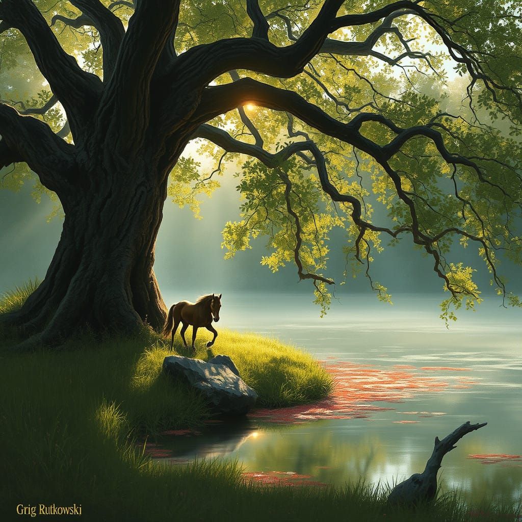 Surreal Horse Attracts Shadows Under Ancient Oak in a Mystic...