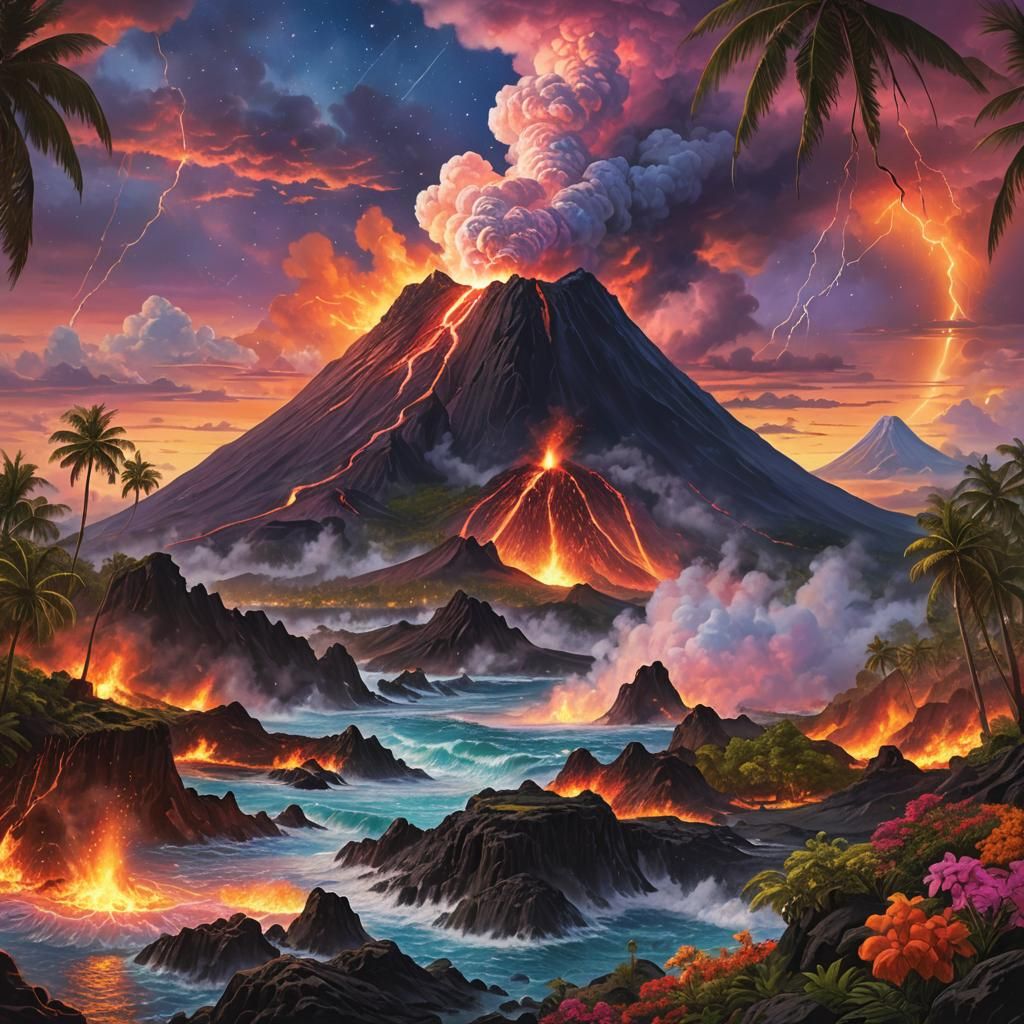 Volcanic Island Eruption: A Maximalist Digital Painting