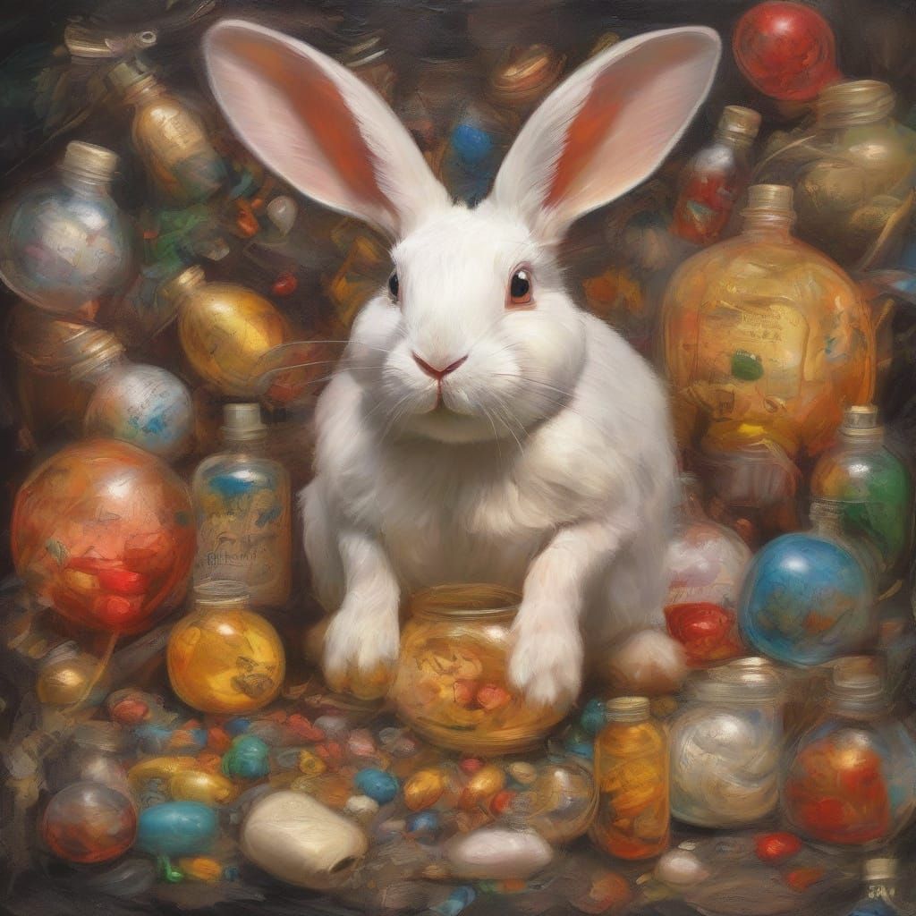 Surreal Rabbit Concocts Whimsical Potions in Vibrant Dreamsc...