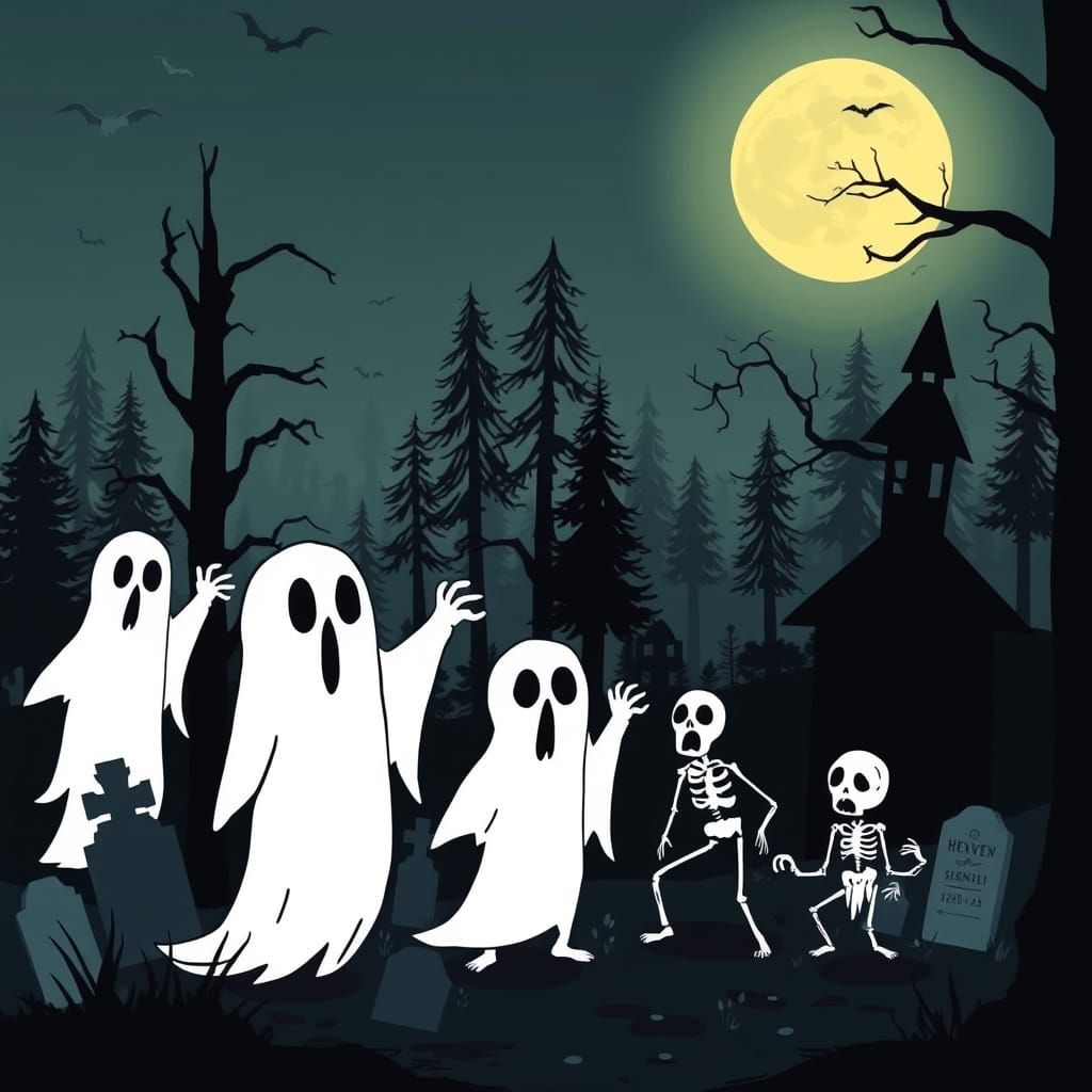 1920s Cartoon Graveyard Scene Under Full Moon