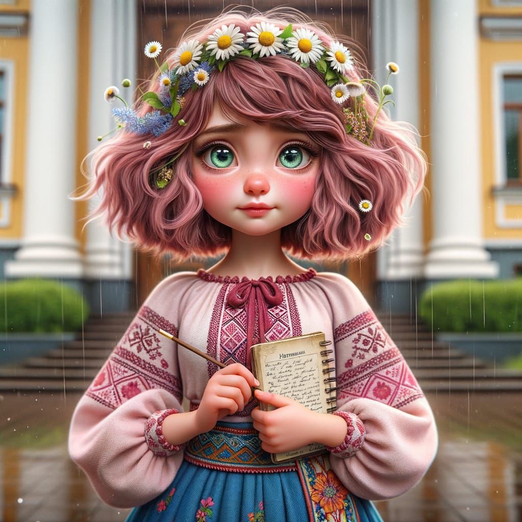 Girl with Pink Hair and Daisy Crown in Animation Style