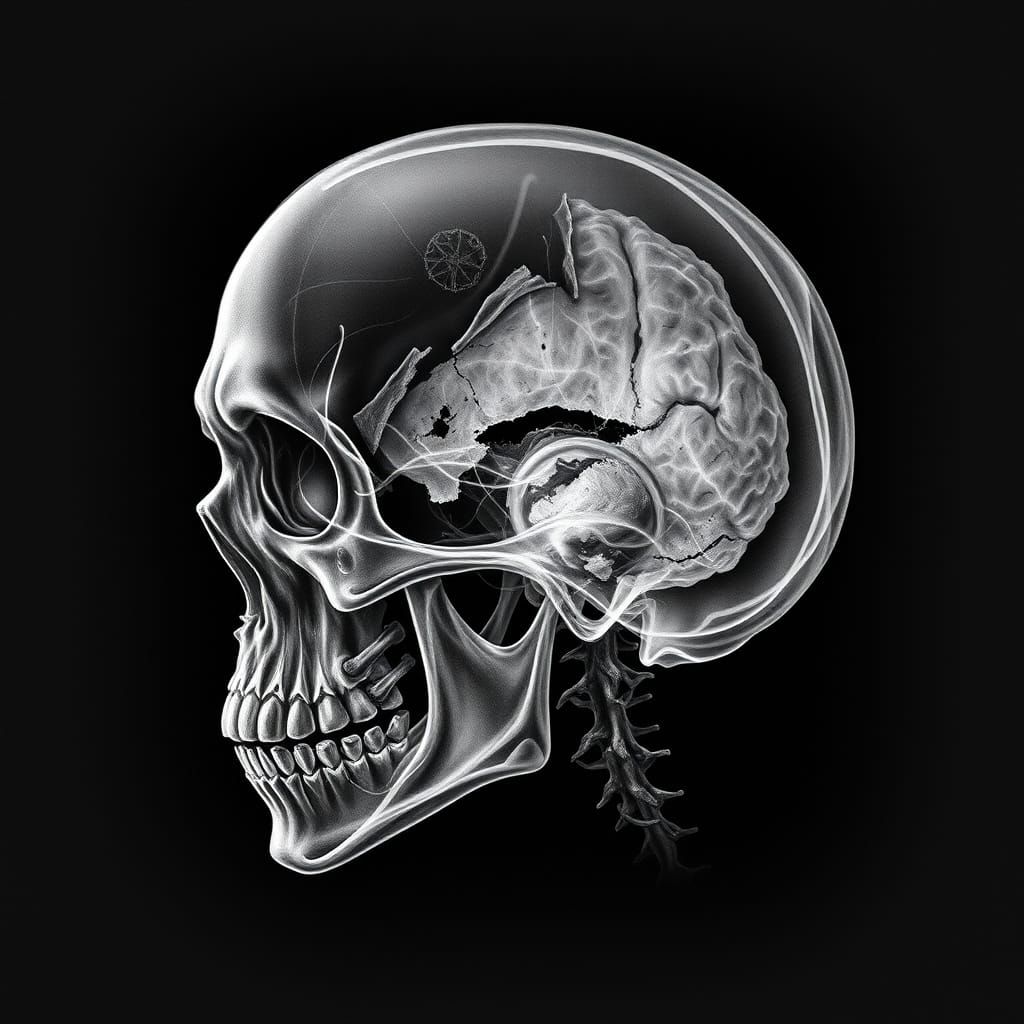 Hollowed-Out Zombie Skull in Monochromatic X-Ray