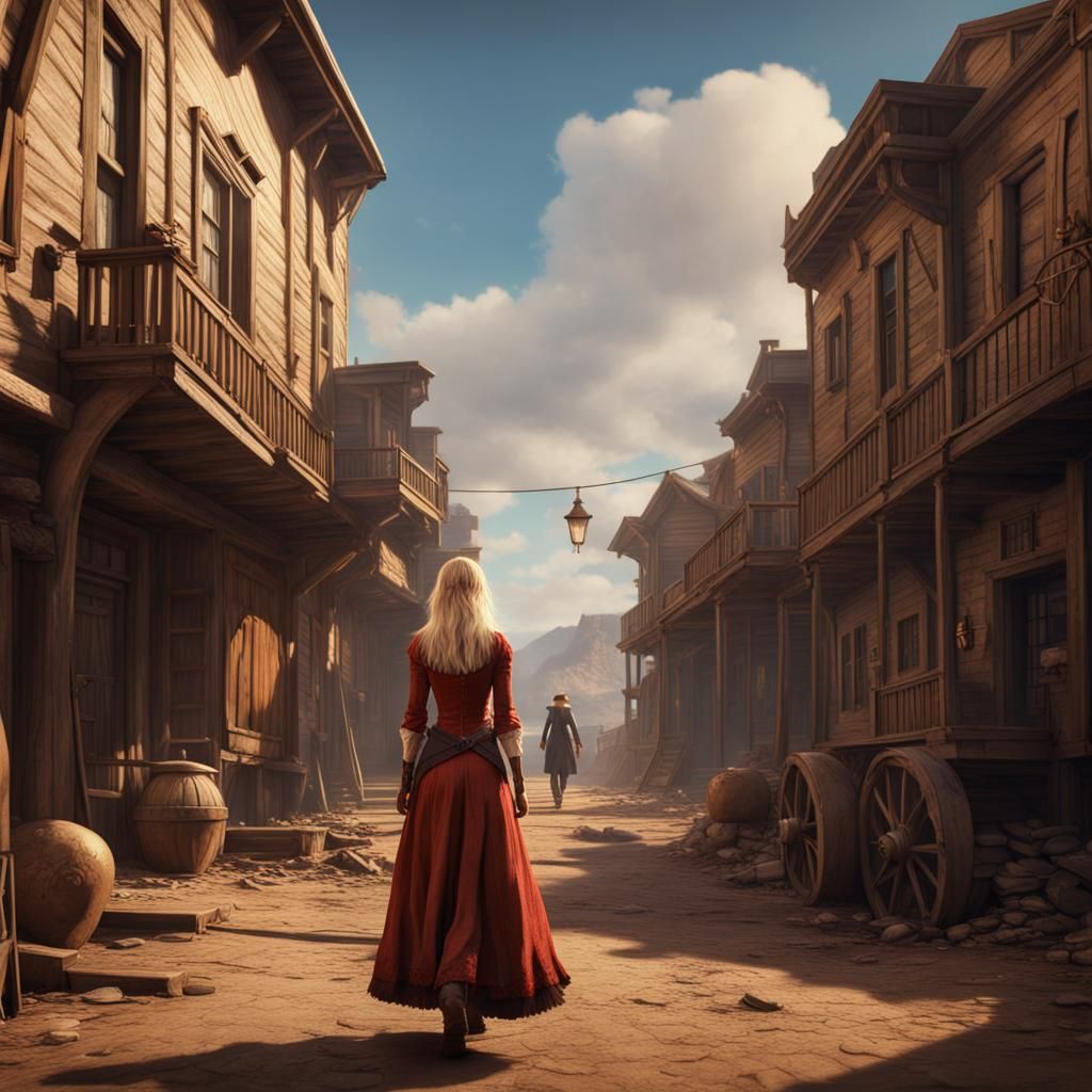 Blonde Girl in Deserted Western Town: Matte Painting