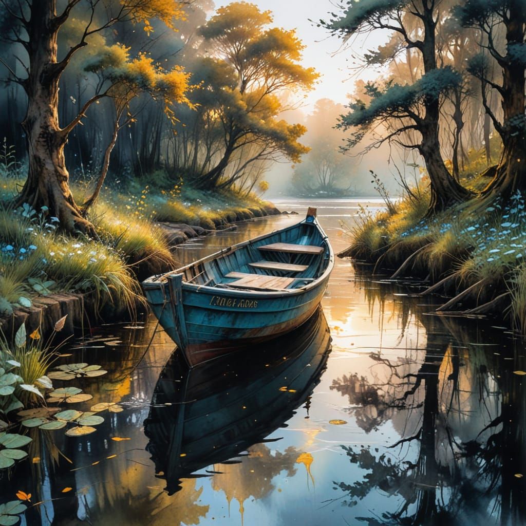 Old Boat at Dock in Expressive Watercolor Style