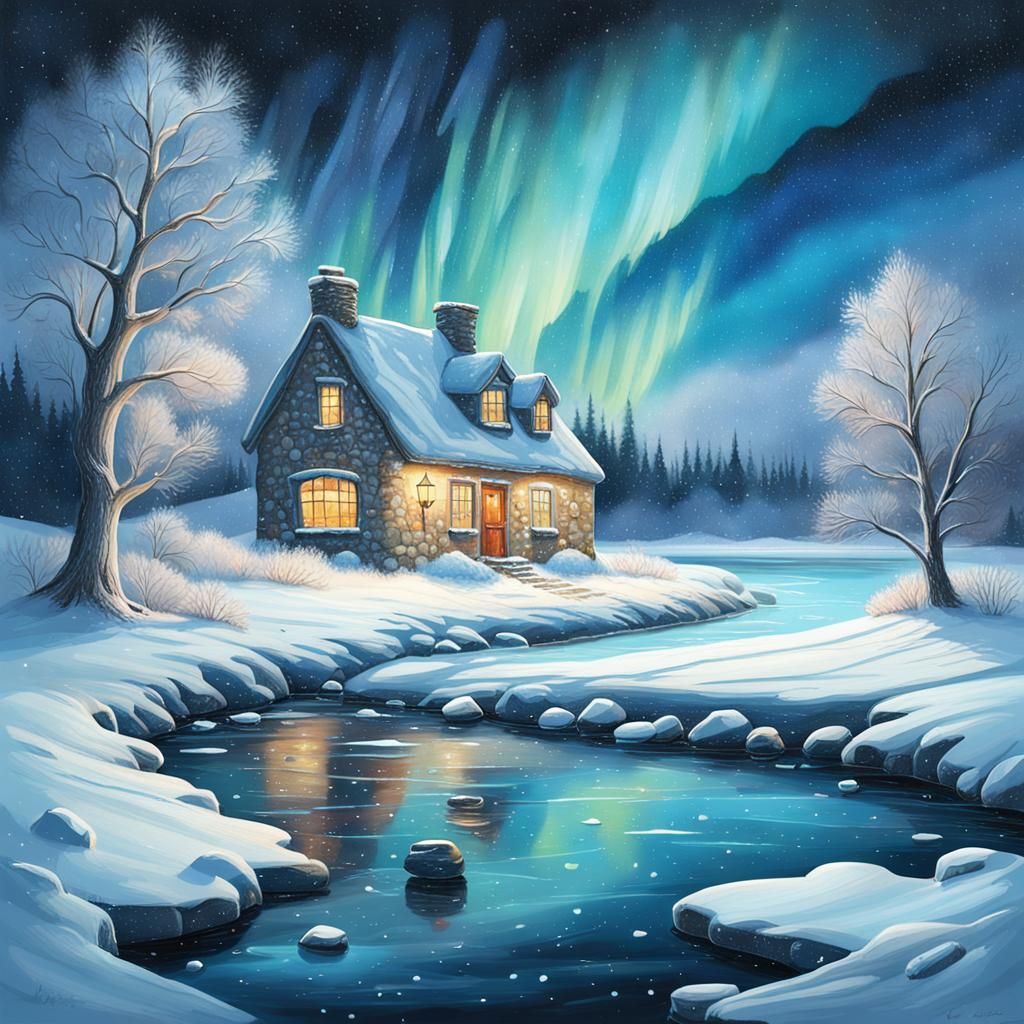 Cosmic Stone Cottage in Snowy Aurora Landscape